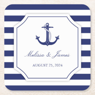 Porta-copo De Papel Quadrado Âncora Náutica Casamento Listra Azul Marinho