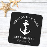 Porta-copo De Papel Quadrado Ancoragem de barcos personalizada a preto<br><div class="desc">Portas copos com temas náuticos modernos para os convidados do seu barco que apresentam uma ilustração branca de uma âncora sobre um fundo preto. Personalize o texto "Bem-vindo a bordo" e o nome e localização do seu barco em tipografia branca elegante.</div>