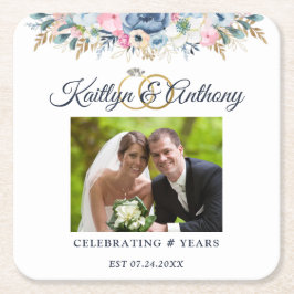 Porta-copo De Papel Quadrado Anéis de Foto Florais em Aquarela para Aniversário