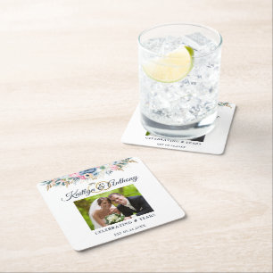 Porta-copo De Papel Quadrado Anéis de Foto Floral em Aquarela para Aniversário 