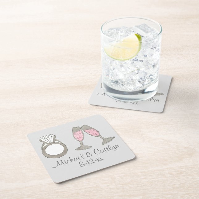 Porta-copo De Papel Quadrado Anel de Casamento de Champanhe Rosa Personalizado (Insitu)