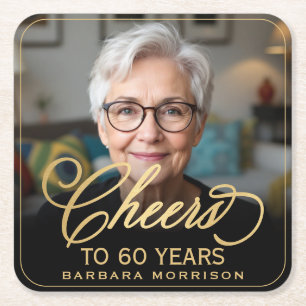 Porta-copo De Papel Quadrado Anima 60 anos Foto de aniversário Dourada Preto
