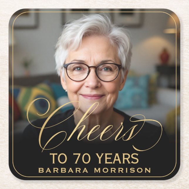 Porta-copo De Papel Quadrado Anima 70 anos Foto de aniversário Dourada Preto (Frente)