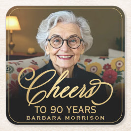 Porta-copo De Papel Quadrado Anima 90 anos Foto Dourada de aniversário