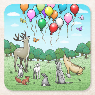 Porta-copo De Papel Quadrado Animais com Balões de Aniversário
