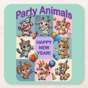 Porta-copo De Papel Quadrado Animais de Festa "Feliz Ano Novo"