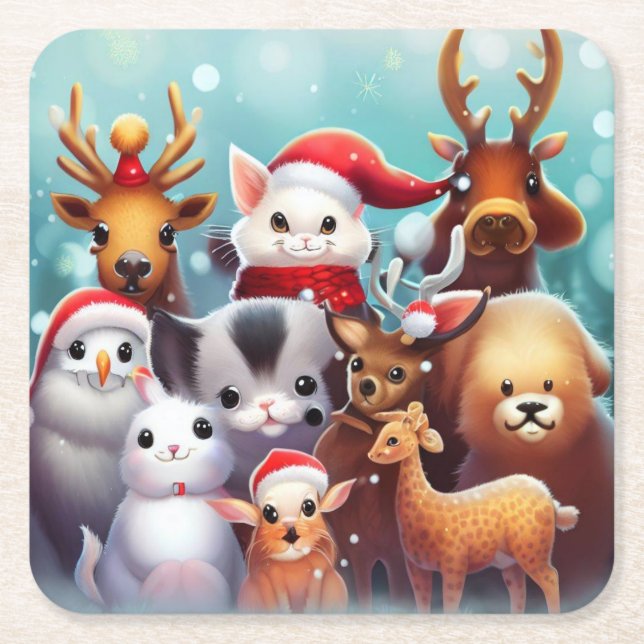 Porta-copo De Papel Quadrado Animais de Natal 2 (Frente)
