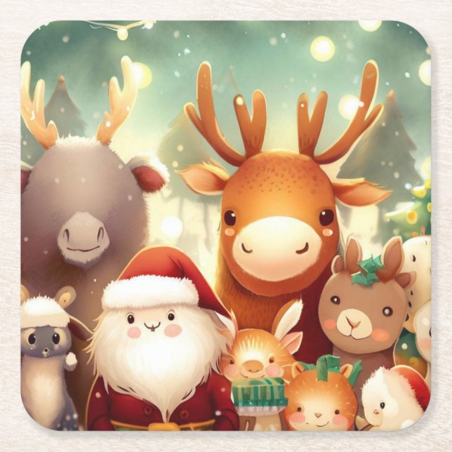 Porta-copo De Papel Quadrado Animais de Natal 8 (Frente)