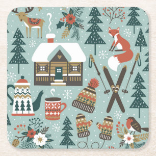 Porta-copo De Papel Quadrado Animais Florestais: Inverno Vintage Sem Costura.