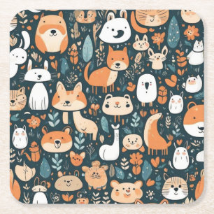 Porta-copo De Papel Quadrado Animais fofos design divertido decoração verde