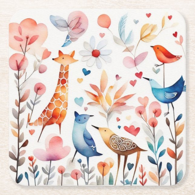 Porta-copo De Papel Quadrado Animais lindos no jardim (Frente)