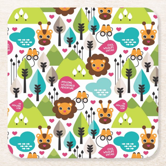 Porta-copo De Papel Quadrado animais selvagens retros do leão do safari dos (Frente)