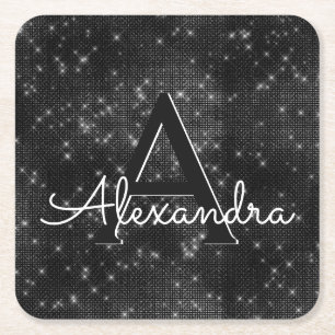 Porta-copo De Papel Quadrado Aniversário branco e preto do monograma da faísca