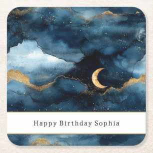 Porta-copo De Papel Quadrado Aniversário Céu Estrelas Glitzy Dourado Azul