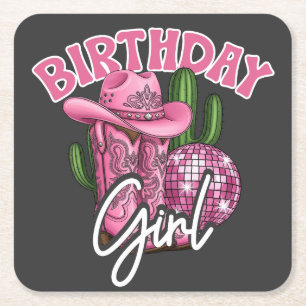 Porta-copo De Papel Quadrado Aniversário da Cowgirl Rosa Estilo Western Glam