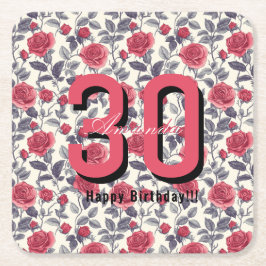Porta-copo De Papel Quadrado Aniversário de 20 anos com tema de rosa clássico