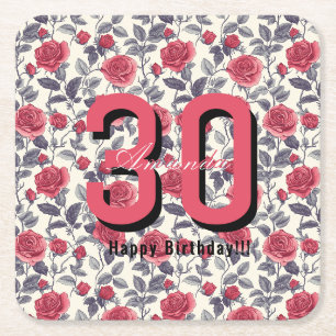 Porta-copo De Papel Quadrado Aniversário de 20 anos com tema de rosa clássico