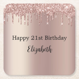 Porta-copo De Papel Quadrado aniversário de 21 anos brilhante de gota cor-de-ro