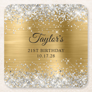 Porta-copo De Papel Quadrado Aniversário de 21 anos em Glitter Prata e Folha de