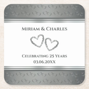 Porta-copo De Papel Quadrado Aniversário de 25 de Silver Personalizado Moderno