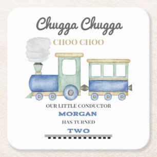 Porta-copo De Papel Quadrado Aniversário de 2 anos do Menino Trem Azul Chugga C