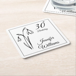 Porta-copo De Papel Quadrado Aniversário de 30 anos Snowdrop Floral Preto e Bra
