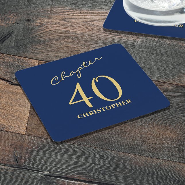 Porta-copo De Papel Quadrado aniversário de 40 anos Azul Dourado Capítulo 40 (Personalized 40th birthday paper coasters in blue and gold.)