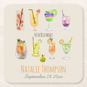 Porta-copo De Papel Quadrado aniversário de 40 anos Bonito cocktail de aquarela