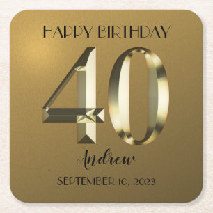 Porta-copo De Papel Quadrado Aniversário de 40 anos de folha de ouro metálico
