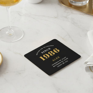 Porta-copo De Papel Quadrado Aniversário de 40 anos Nome 1986 Ano Preto Dourado