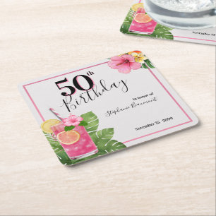 Porta-copo De Papel Quadrado Aniversário de 50 anos da Mulher com Flor de Coque