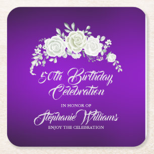Porta-copo De Papel Quadrado Aniversário de 50 anos de mulher roxo branco rosa