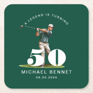 Porta-copo De Papel Quadrado Aniversário de 50 anos do golfista esportivo verde