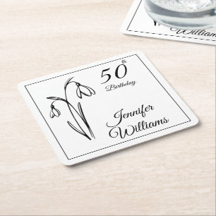 Porta-copo De Papel Quadrado Aniversário de 50 anos Snowdrop Floral Preto e Bra