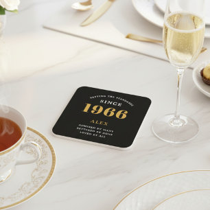 Porta-copo De Papel Quadrado Aniversário de 60 anos Nome 1966 Ano Preto Dourado