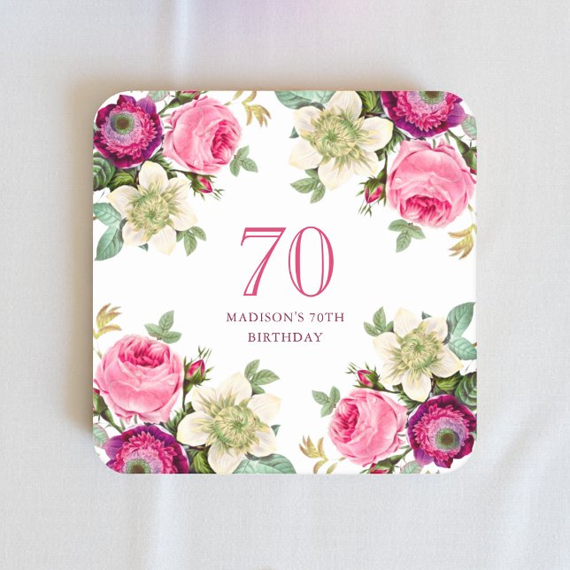 Porta-copo De Papel Quadrado Aniversário de 70 Floral Rosa (Criador carregado)
