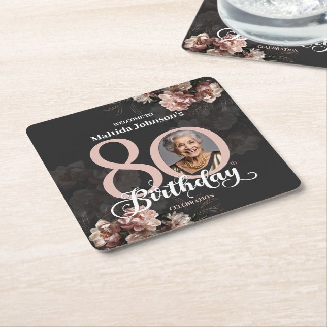 Porta-copo De Papel Quadrado Aniversário de 80 Floral Rosa (Inclinado)