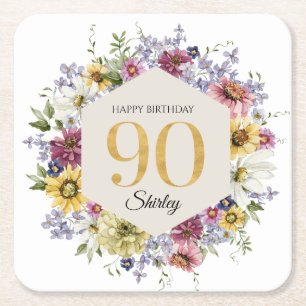Porta-copo De Papel Quadrado Aniversário de 90 anos personalizado Wildflower