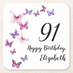 Porta-copo De Papel Quadrado Aniversário de 91 anos Borboletas Rosa Roxo