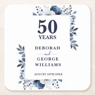 Porta-copo De Papel Quadrado Aniversário de Bodas de 50 Anos Floral Azul Elegan