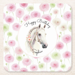 Porta-copo De Papel Quadrado Aniversário de Cavalo Ranunculus Floral Rosa Horte