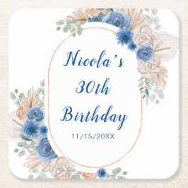 Porta-copo De Papel Quadrado Aniversário de Grama de Pampas Azul Boho