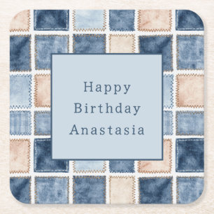 Porta-copo De Papel Quadrado Aniversário de Jean de Ganga Azul Creme Falso