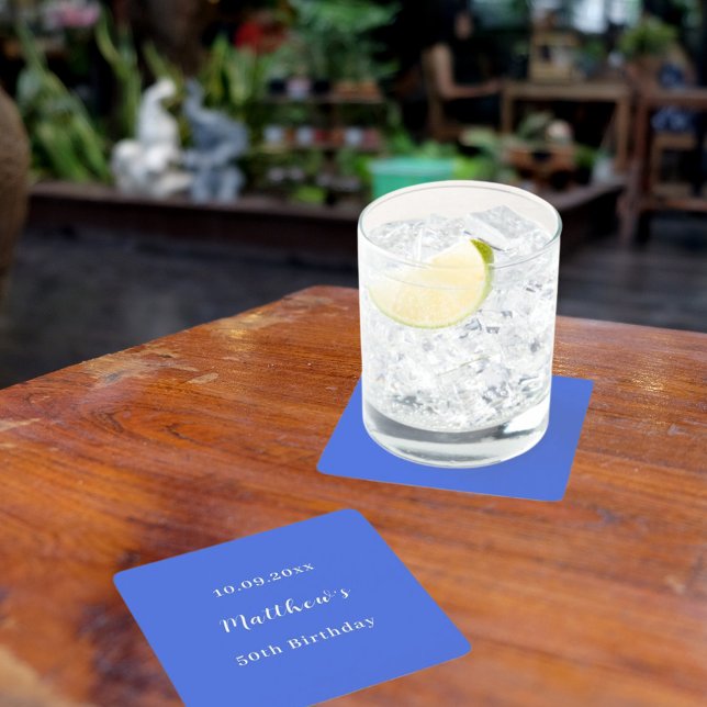 Porta-copo De Papel Quadrado aniversário de script de nome azul real (Criador carregado)