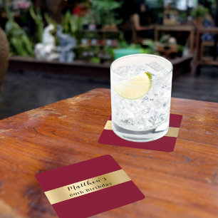 Porta-copo De Papel Quadrado Aniversário de script de nome de ouro do Burgundy