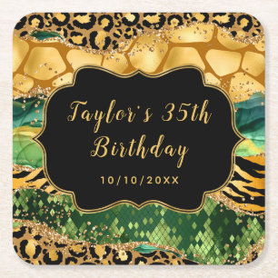 Porta-copo De Papel Quadrado Aniversário do Agate Safari Dourado e Verde