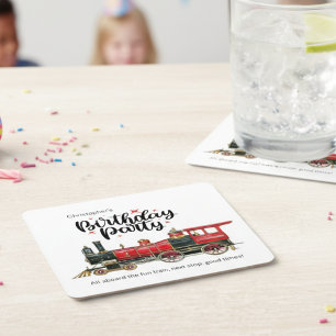 Porta-copo De Papel Quadrado Aniversário do Comboio Vermelho "Seu Nome"