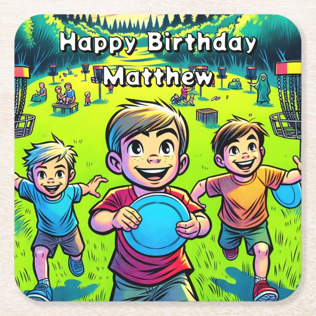 Porta-copo De Papel Quadrado Aniversário do garoto de golfe de disco personaliz (Frente)