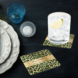 Porta-copo De Papel Quadrado Aniversário do leopardo de ouro verde-merald