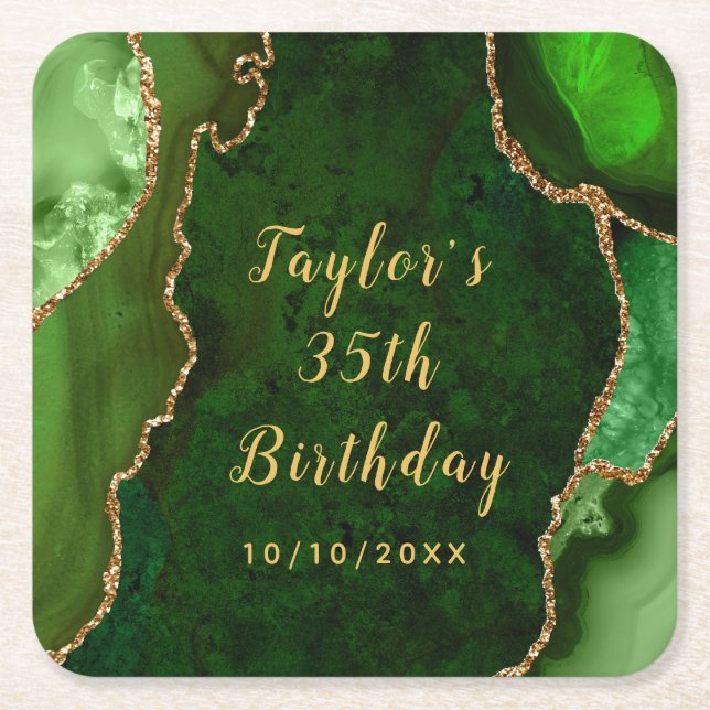 Porta-copo De Papel Quadrado Aniversário do Marble Verde e Dourado Agate (Frente)